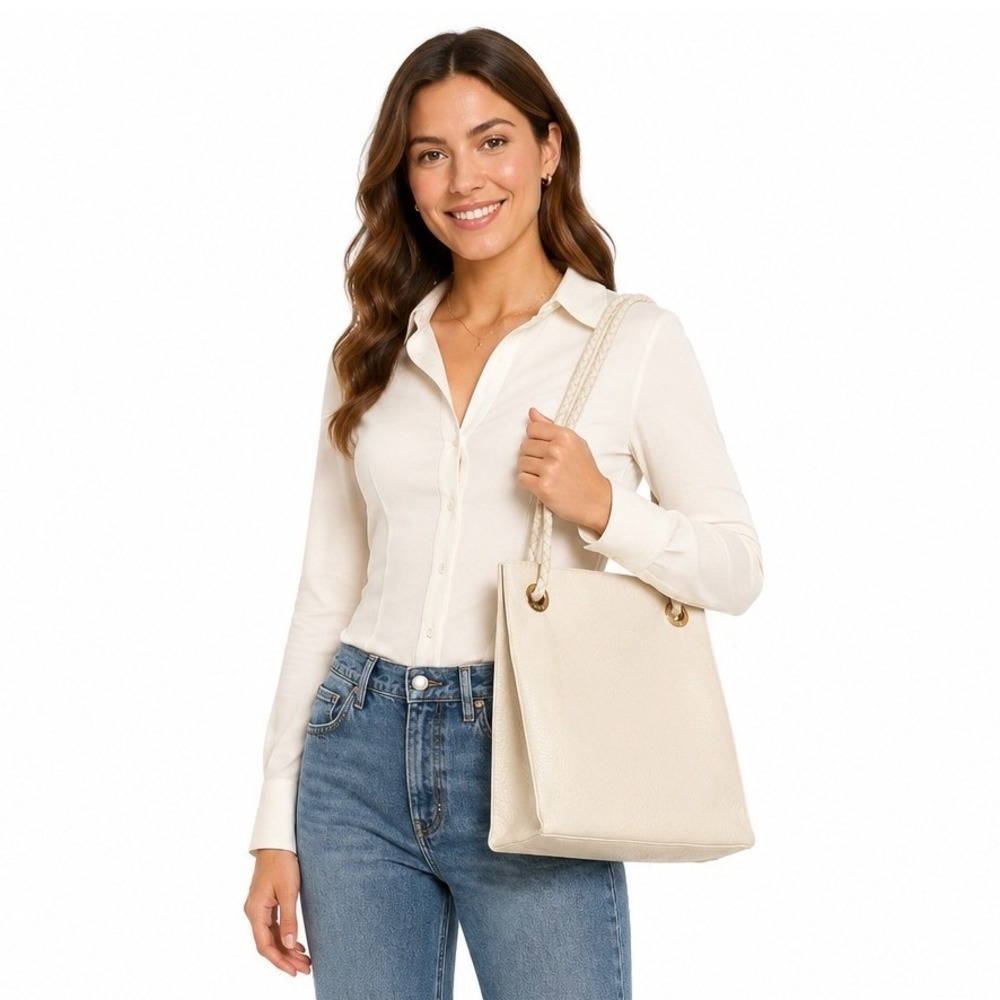 Desmo Vintage Ivory Leather Minimalist Braided Handle Purse Tote Shoulder Bag OS